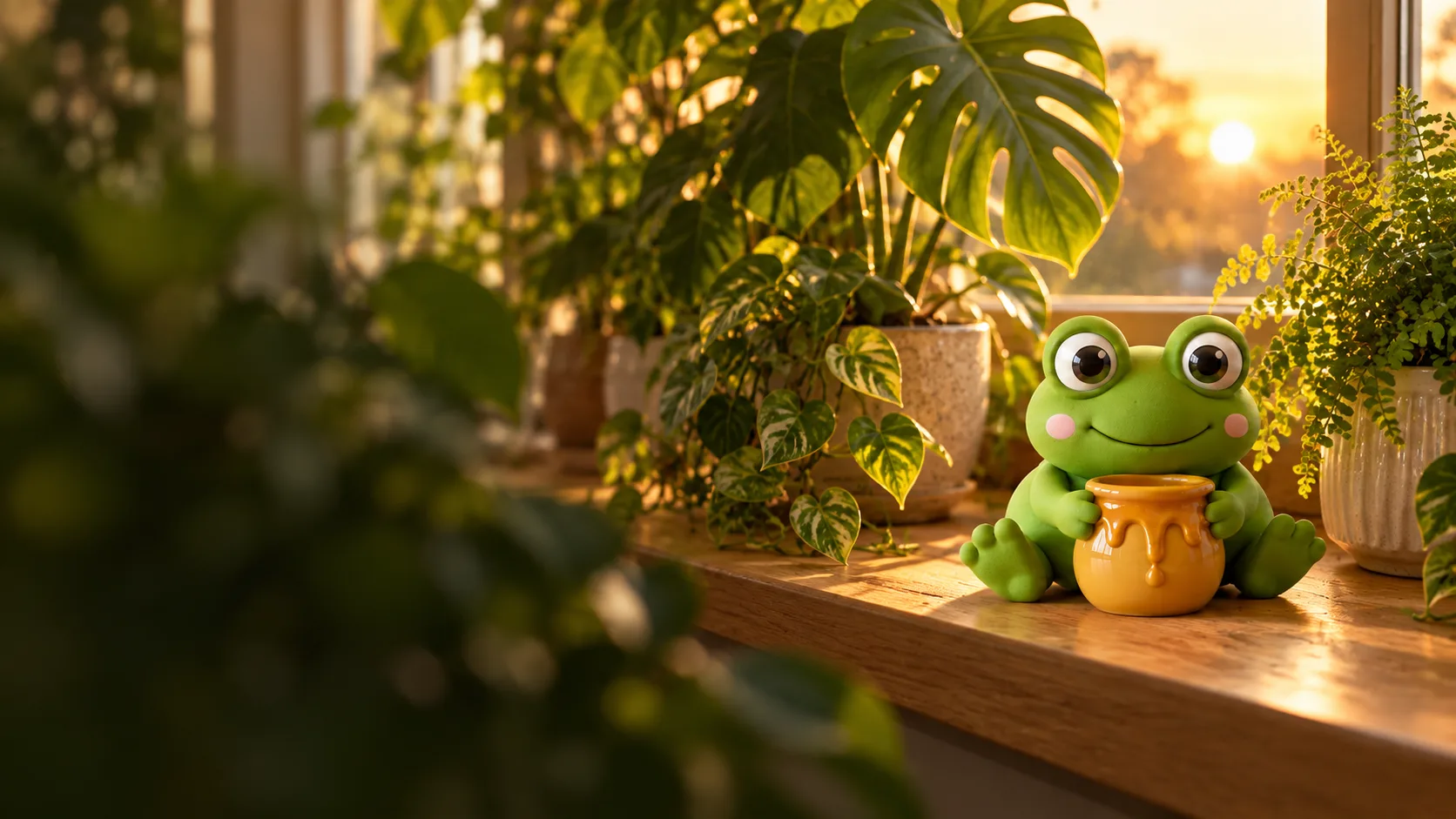 Pip the frog guarding his honey pot on a sunny windowsill.