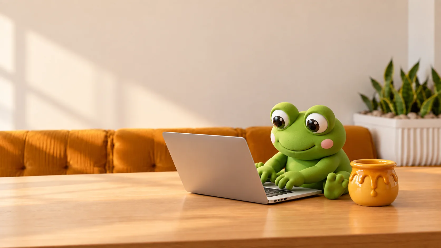 Pip the frog typing on a laptop.
