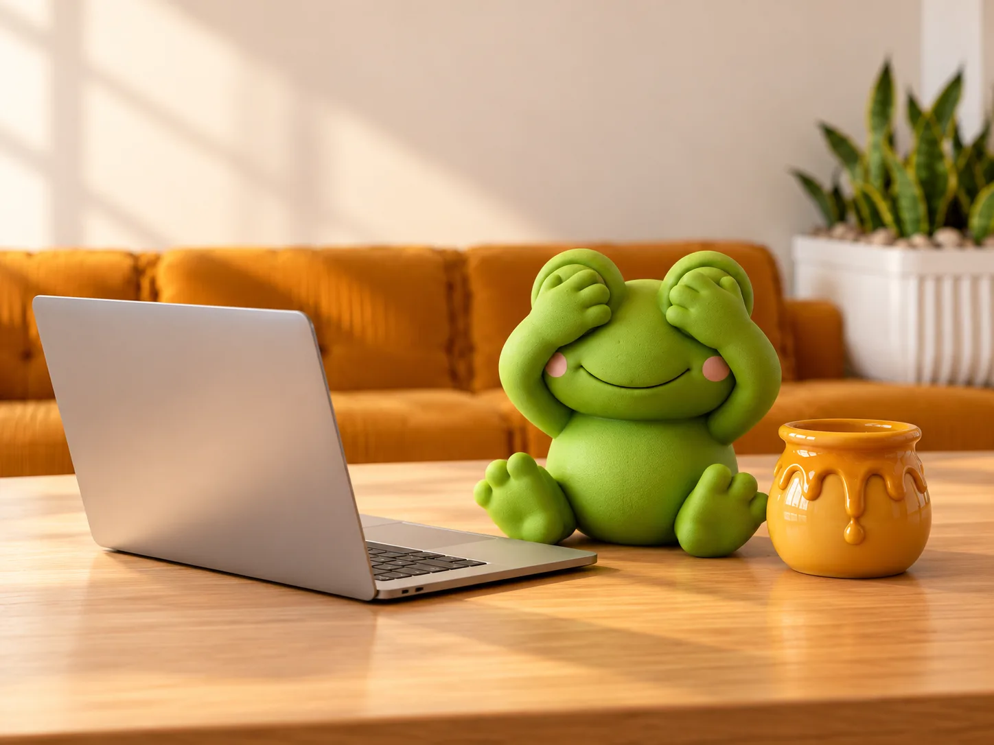 Pip the frog covering his eyes next to a laptop.